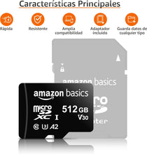 Cargar imagen en el visor de la galería, Amazon Basics - MicroSDXC, 512 GB, con Adaptador SD, A2, U3, velocidad de lectura hasta 100 MB/s, , Negro (NUEVO)
