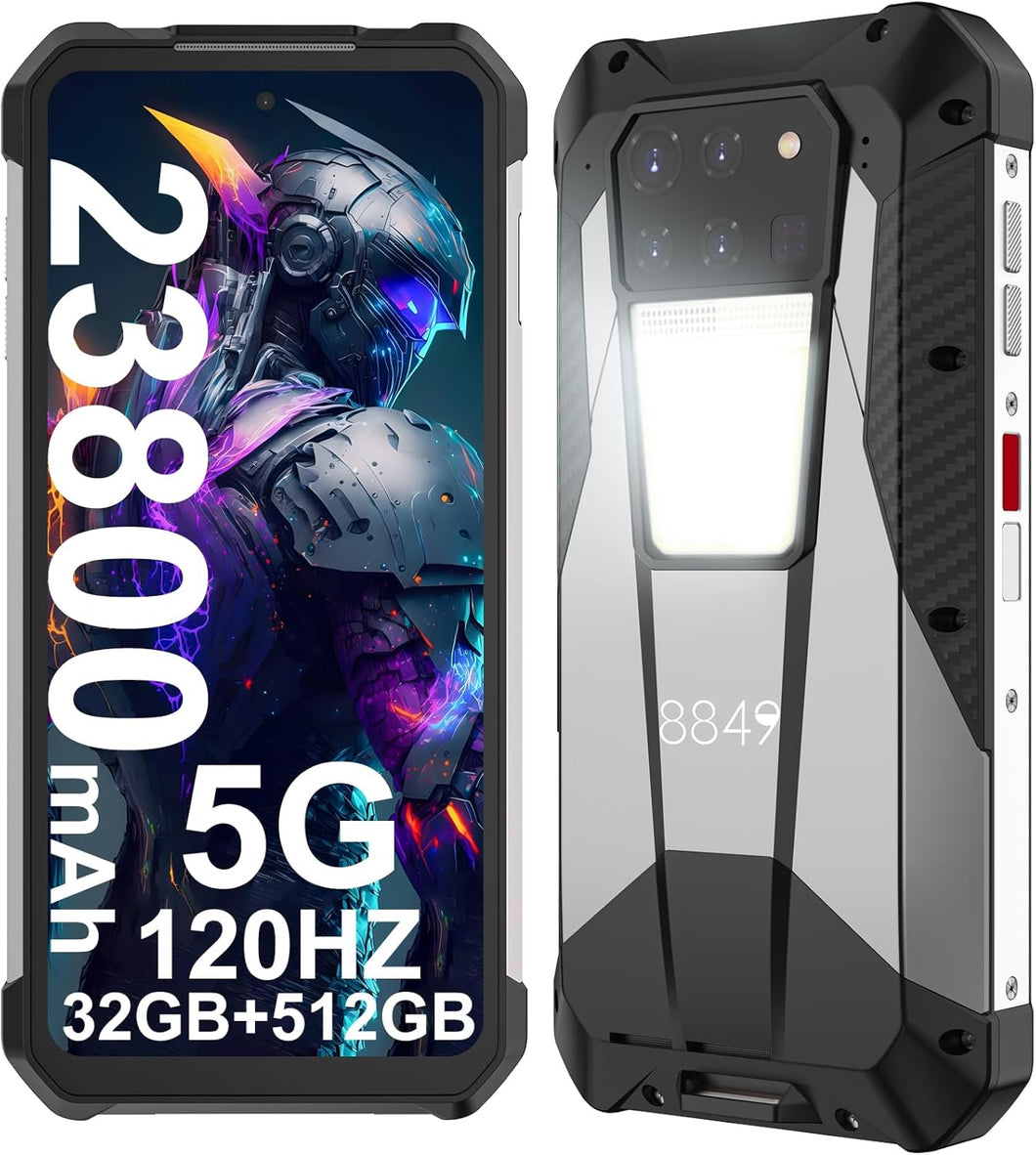 Teléfono 8849 Tank 3 Teléfono Movil Resistente, 23800mAh/120W Android 13 Móvil Irrompible 5G, 32GB RAM+512GB ROM, 6.79'' FHD+ Smartphone Resistente con 1200 Lúmenes Luz Camping, 200MP Cámara Principal/GPS/OTG (de segunda mano muy bueno)