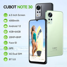 Load image into Gallery viewer, CUBOT Note 30 Smartphone 4GB RAM + 64GB RAM, 6.52&#39;&#39; Screen, Android 12 System Unlocked Mobile Phone, 20MP Camera, 4000mAh, Octa-Core 4G Dual SIM - Black (NEW, showroom)
