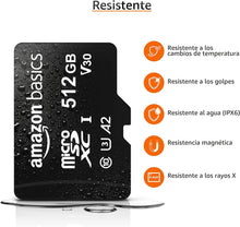 Cargar imagen en el visor de la galería, Amazon Basics - MicroSDXC, 512 GB, con Adaptador SD, A2, U3, velocidad de lectura hasta 100 MB/s, , Negro (NUEVO)
