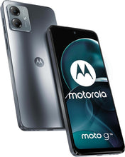 Cargar imagen en el visor de la galería, Motorola Moto g14 Smartphone, 8 RAM/256 ROM, Pantalla 6.5&quot; Full HD+, Sistema de Cámara de 50MP, Audio Dolby Atmos, Android 13, Batería de 5000 Mah, Procesador Octa-Core, Dual-SIM, Gris (Versión ES/PT)(NUEVO, de exposición)
